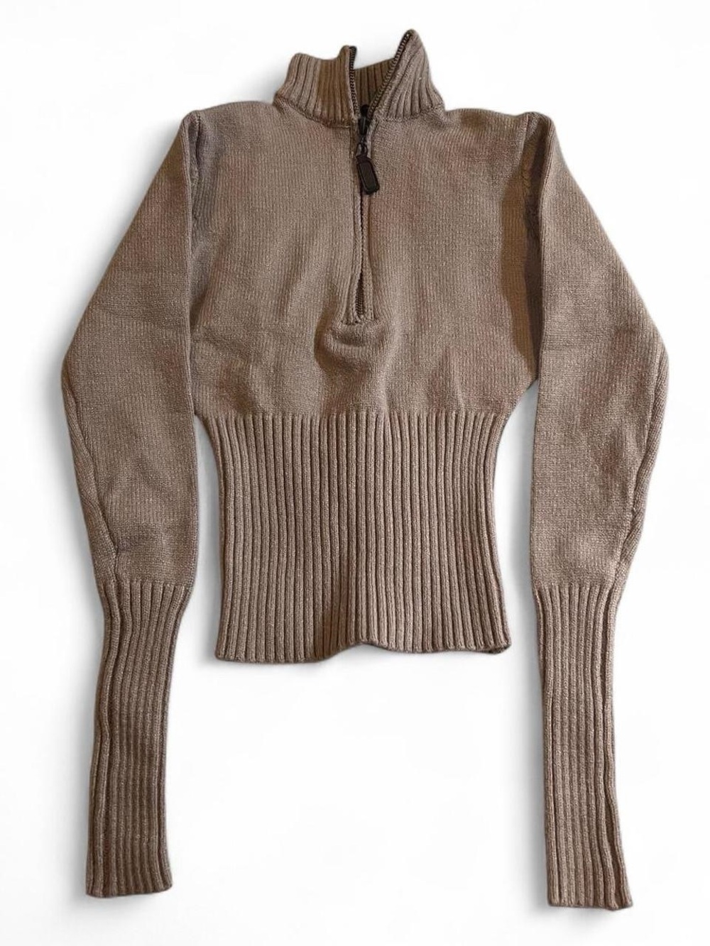 Tan brown quarter zip ribbed knit long sleeve tops